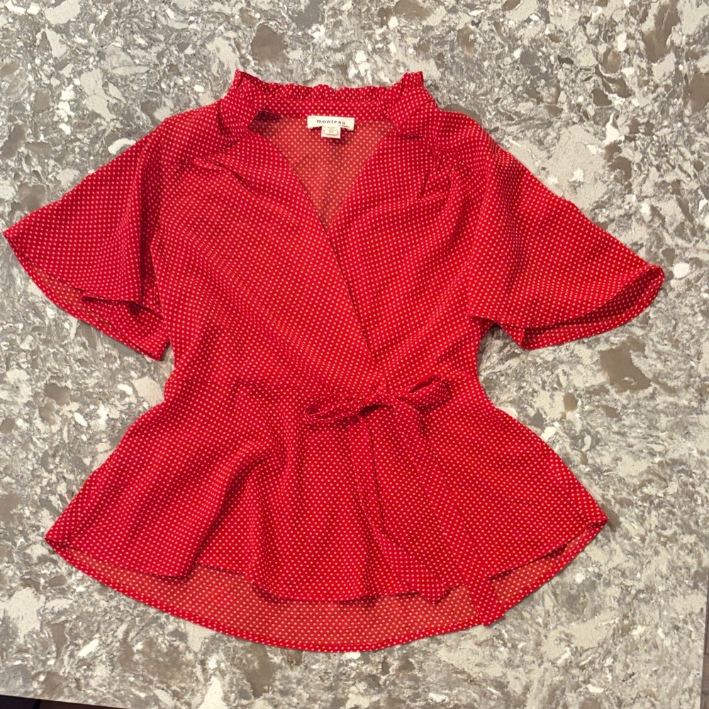 Monteau Red and White Polka Dot Blouse